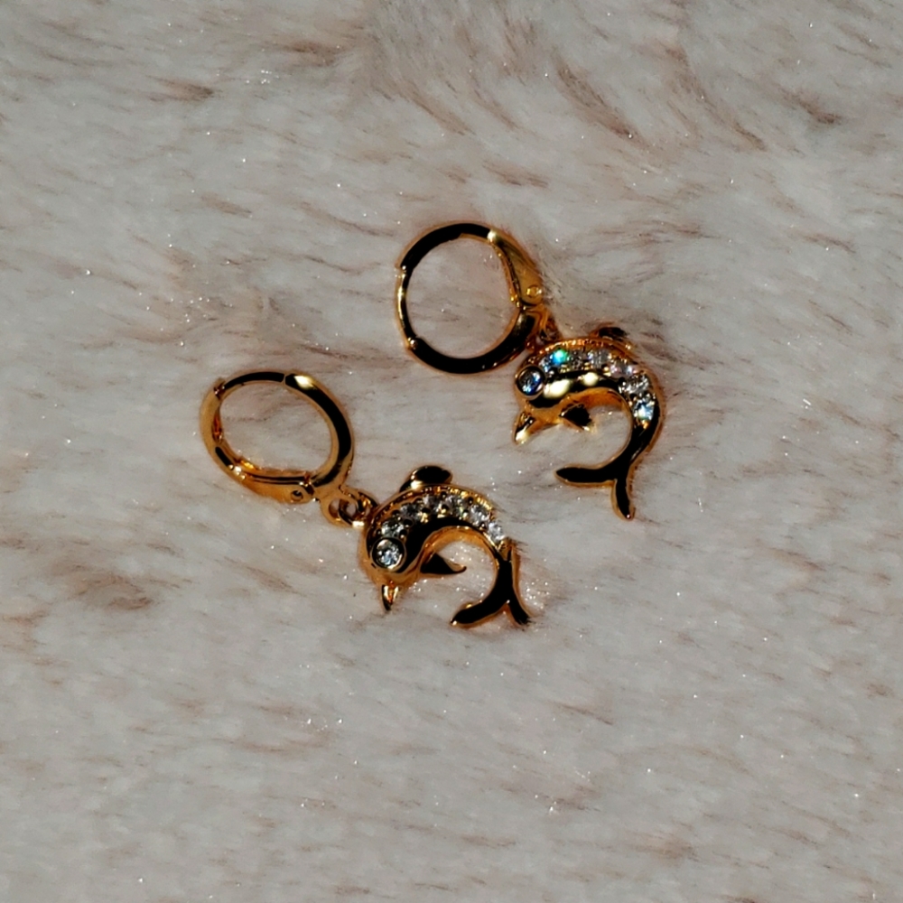 Dolphin Plated Gold Earrings with Crystal Design